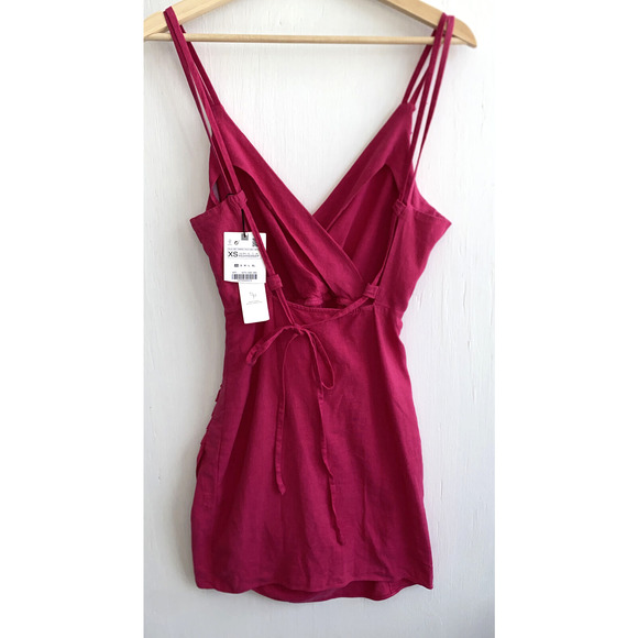 ZARA Pink Linen Faux Wrap Mini Dress Double Straps Tie Back Size XS NWT - Picture 7 of 8